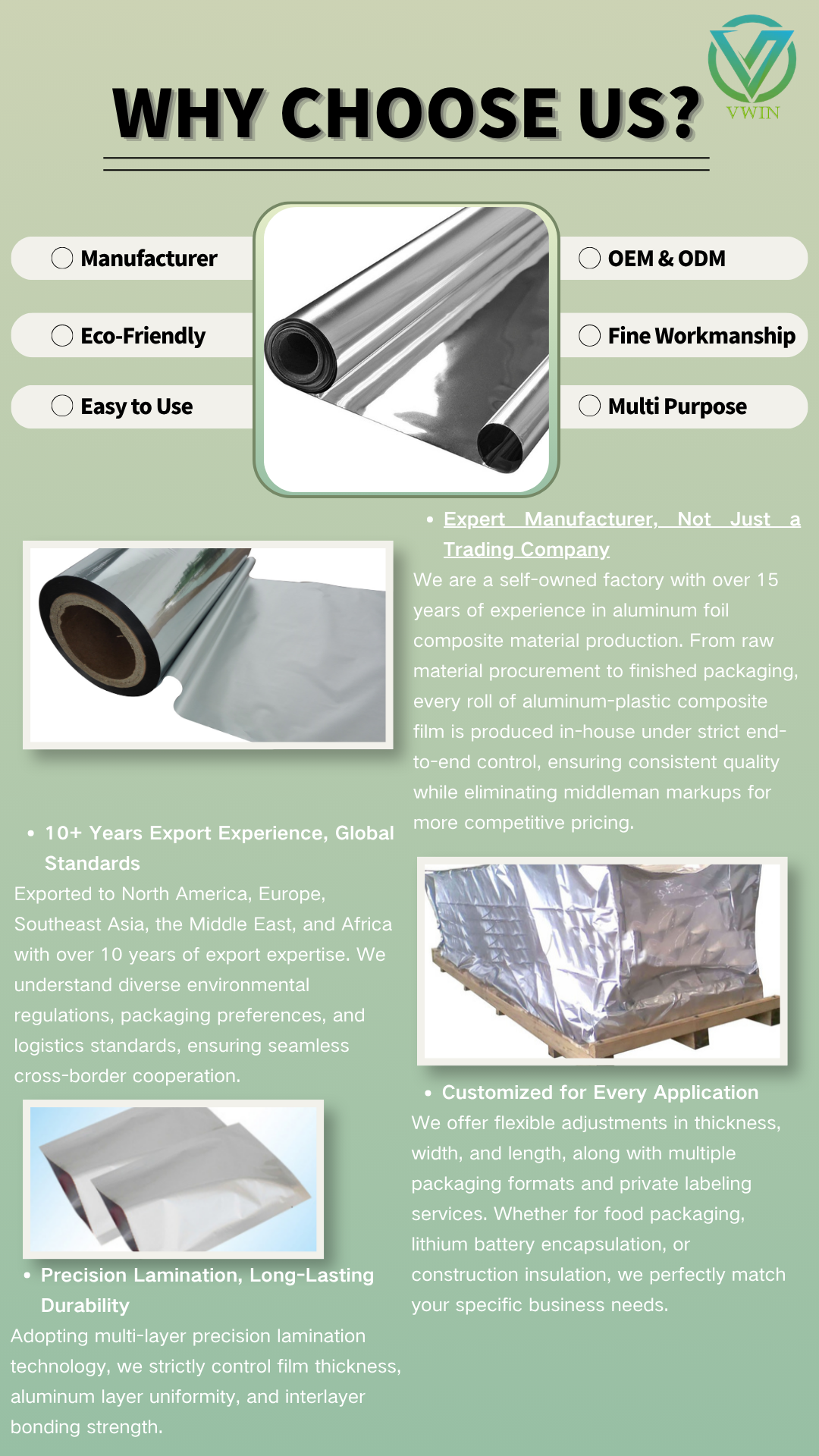 Why choose us infographic for aluminum‑plastic composite film, manufacturer advantages, OEM ODM service intro