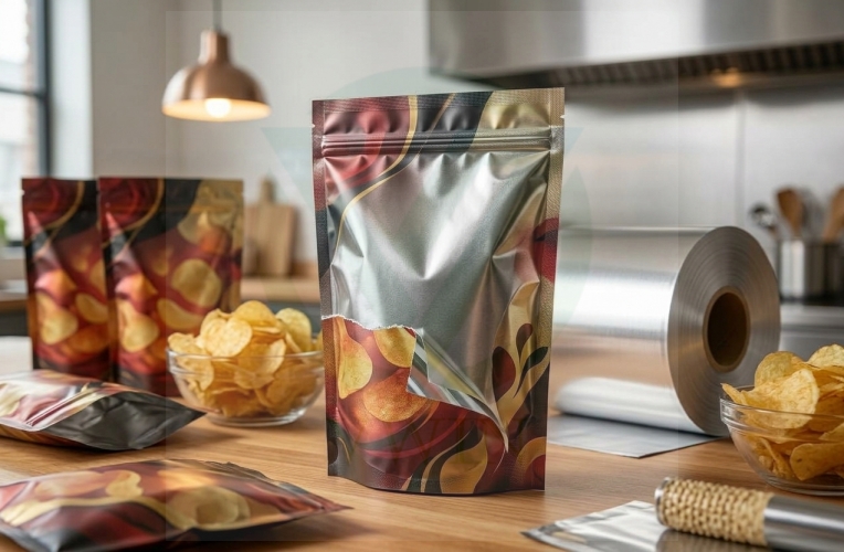 Aluminum laminate snack pouches and raw film roll, showing packaging for potato chips and dry snacks