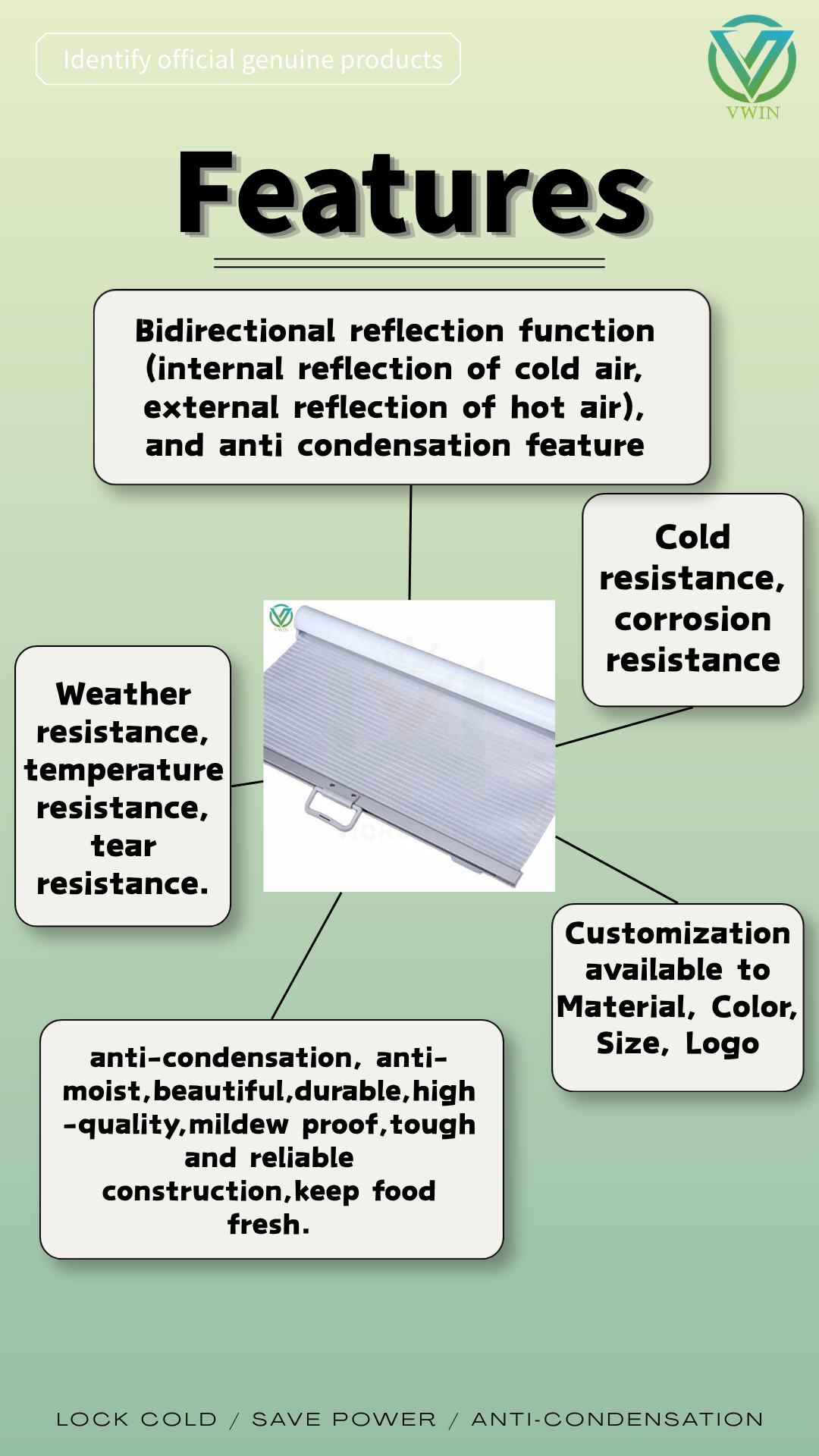 VWIN night blind Features infographic, bidirectional reflection, anti‑condensation, cold‑resistant and customizable properties introduction