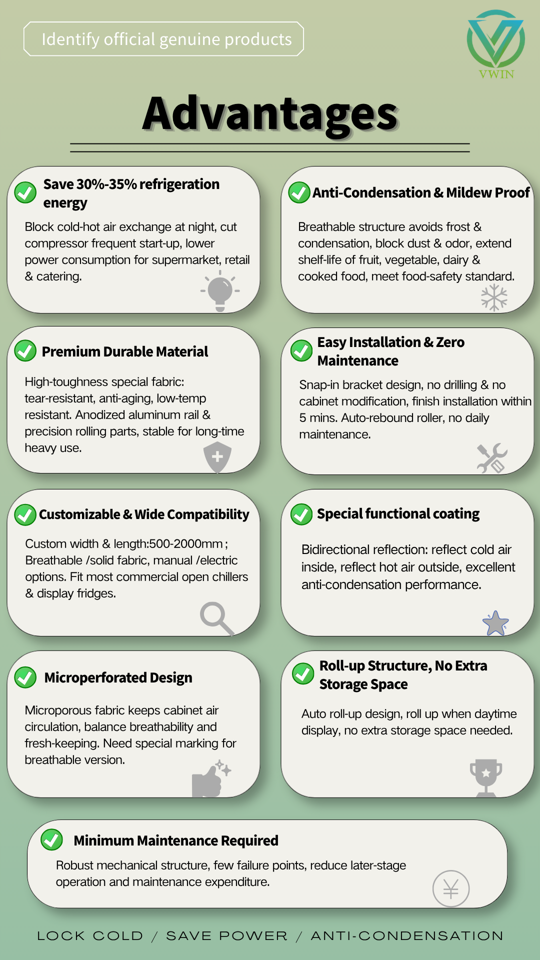 Advantages infographic of commercial chiller night curtain for supermarket