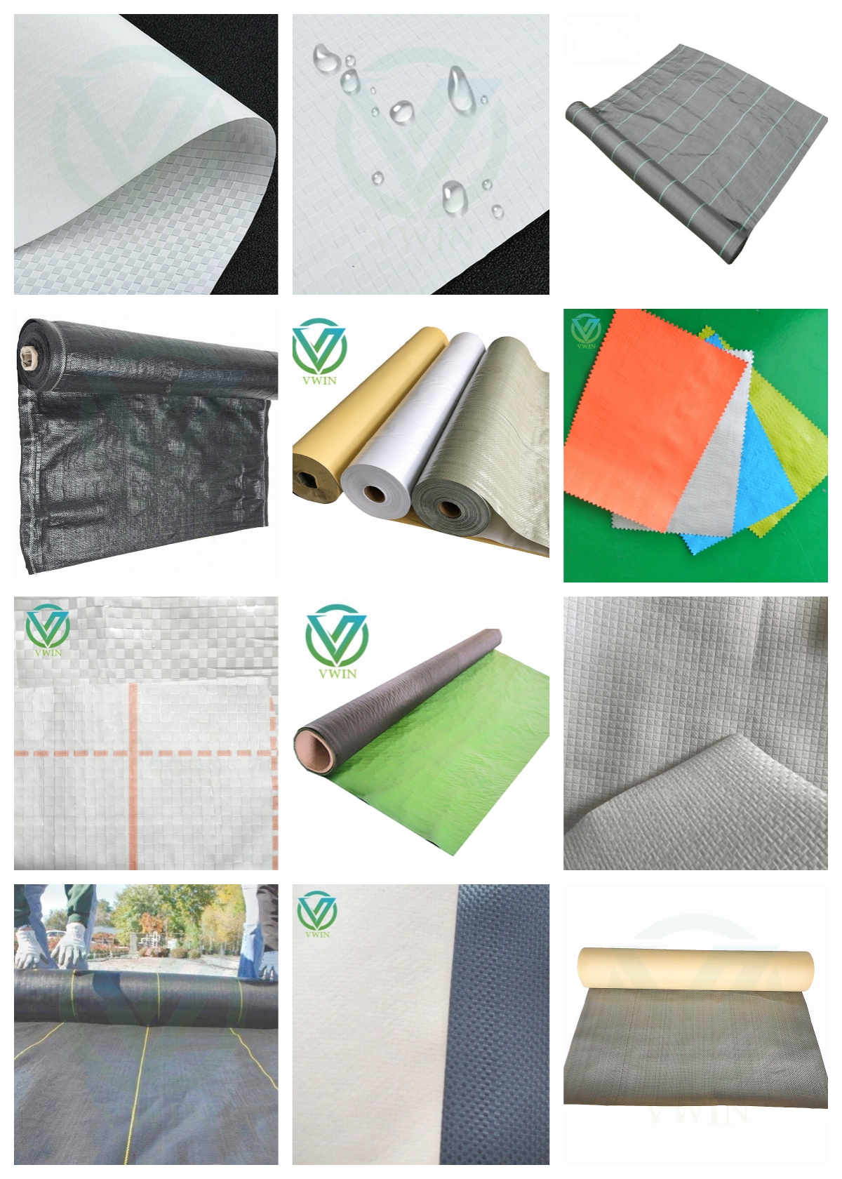 Multi-spec PP/PE woven & composite nonwoven raw materials, grid base cloth, colored laminated rolls, swatches & construction shot, substrate for foil insulation lamination