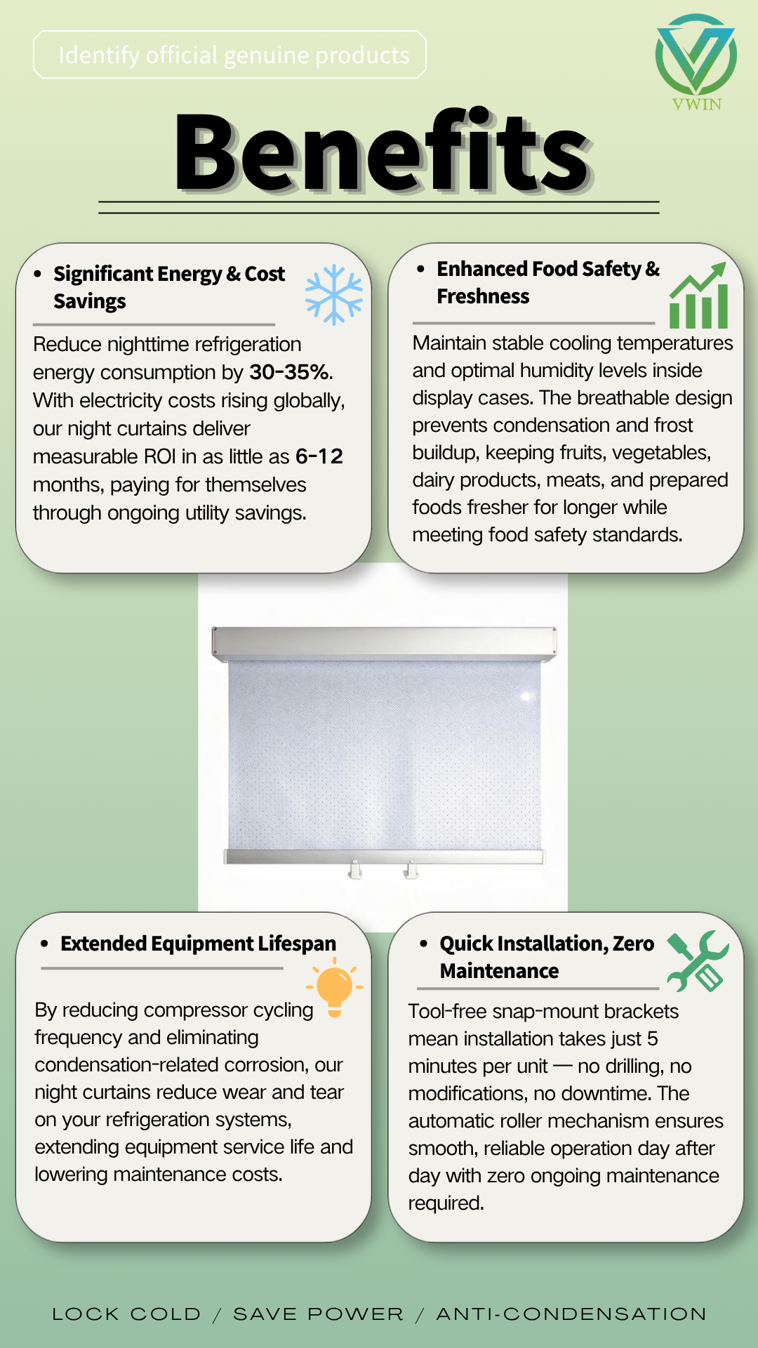 Night blind benefits infographic: energy‑cost savings, food freshness, extended equipment life, quick installation