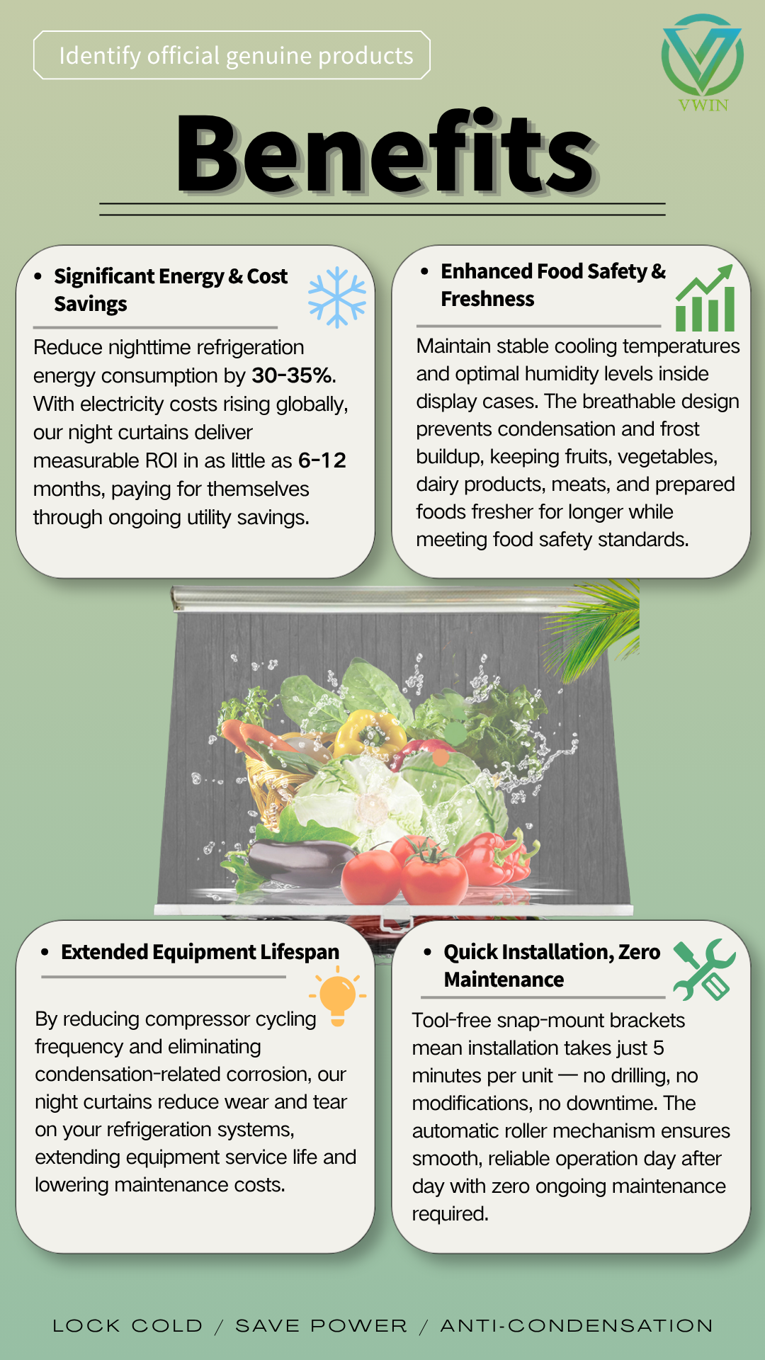 Benefits infographic of night curtain: energy‑saving, food fresh, easy install
