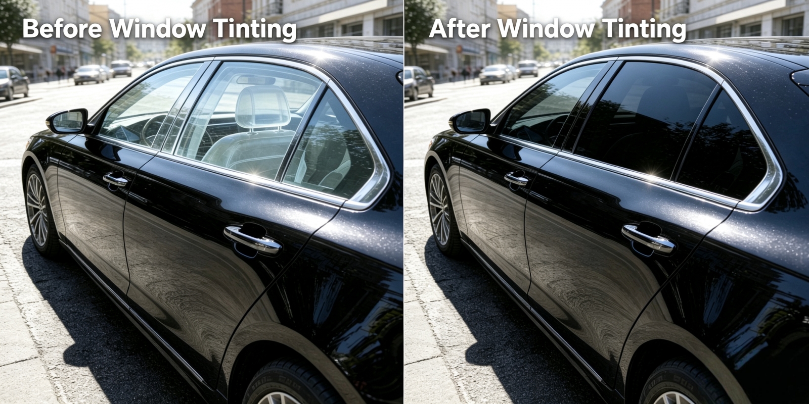 Before and after comparison of car window tinting, heat insulation effect display