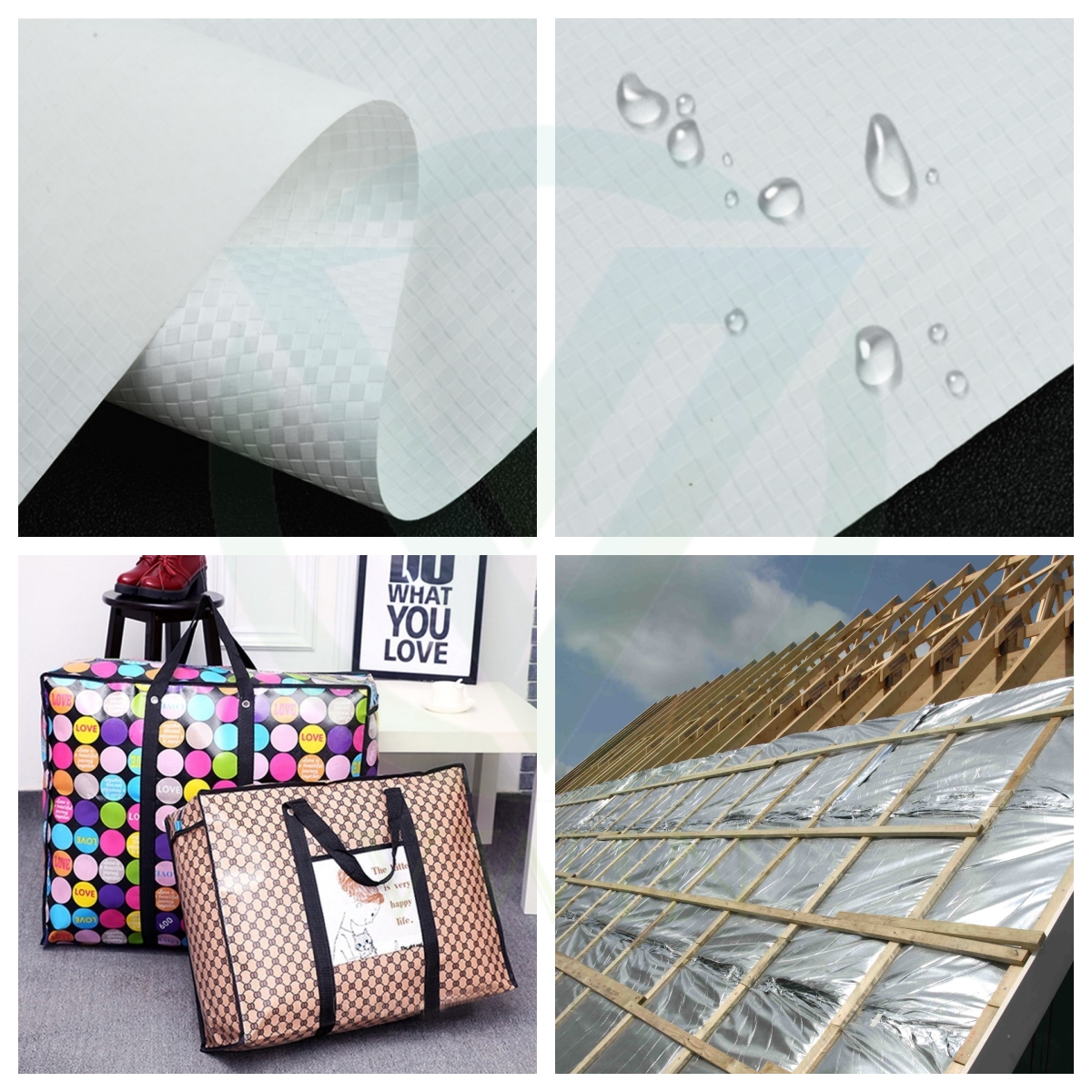Aluminum foil woven cloth sample display, waterproof test, luggage fabric application, roof building thermal insulation construction