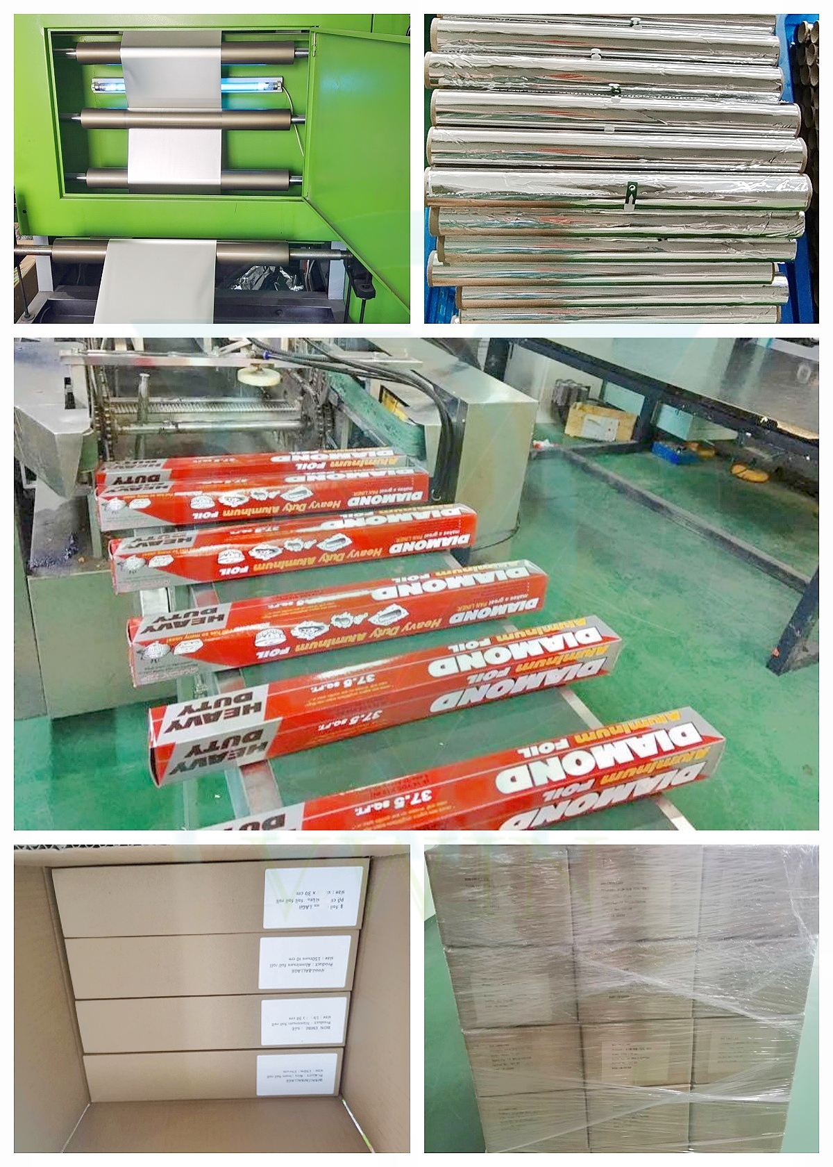 Panoramic view of an automated aluminum foil factory: from raw foil rolls, automated packaging machines to finished goods warehouse, showcasing large-scale production capacity.
