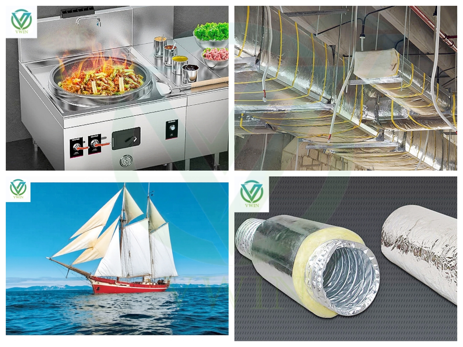 Application scenarios of aluminum foil fiberglass cloth in commercial kitchens, HVAC ducts, marine vessels, and flexible insulated ducts.