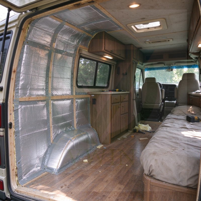 Metallized woven cloth laminate foil, damp-resistant heat-reflecting for RV interior vapor barrier insulation