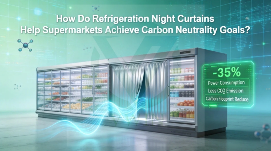 Refrigerated display cabinet with night curtains, save 35% power to help supermarket carbon neutrality