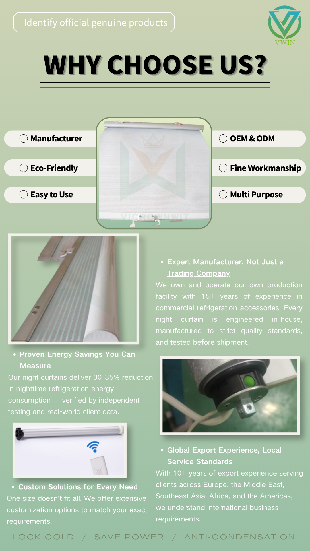 VWIN night blind Why Choose Us infographic, manufacturer strength, OEM ODM, energy‑saving and customized solutions introduction