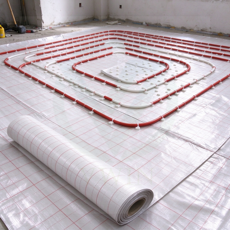 Printed reinforced PP woven fabric coated PP, for radiant floor heating insulation