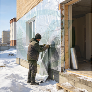 Low emissivity PET PE laminated foam aluminum foil, worker installing for building wall insulation