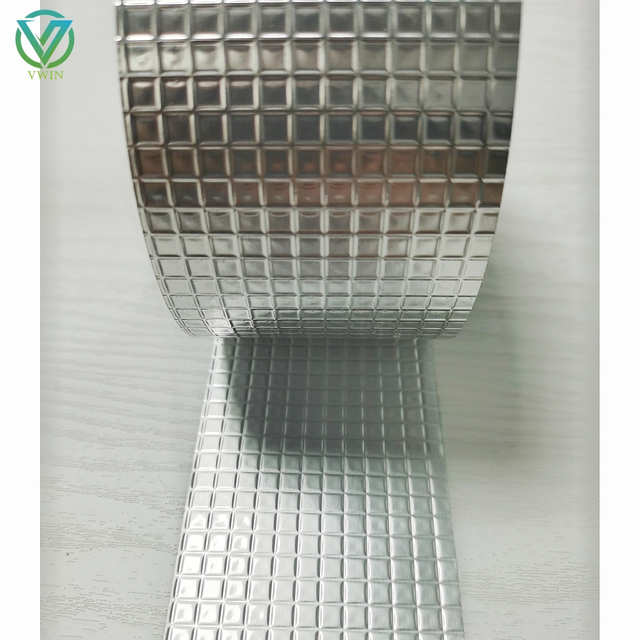 Main shot of linerless aluminum foil grid tape, peel-free without release liner, for industrial pipe thermal wrapping & vapor sealing