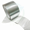 Partial unfolded shot of heat-resistant aluminum foil fiberglass tape roll, showing reflective aluminum foil and fiberglass substrate texture