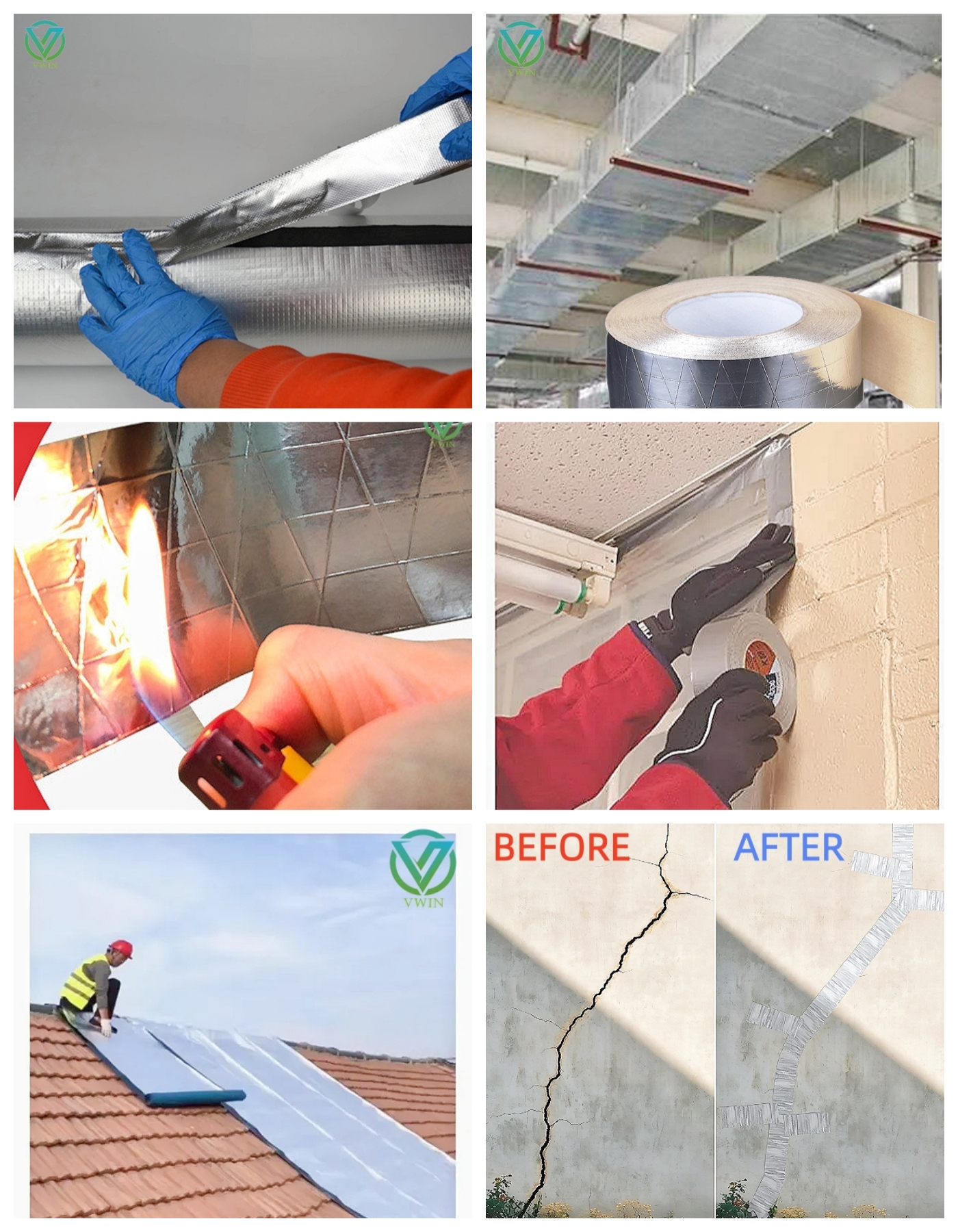 Application display of aluminum foil fiberglass tape: duct wrapping, fire resistance, wall crack repair, roof waterproof construction