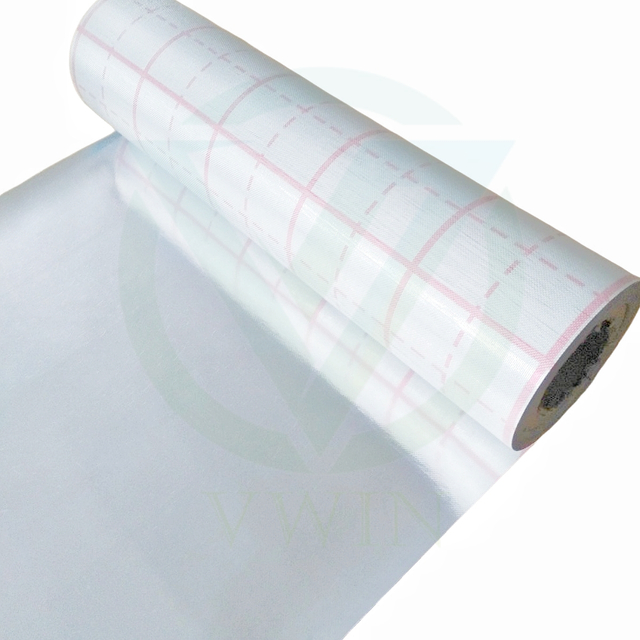 Close-up of aluminum foil fiberglass fabric with red grid printing