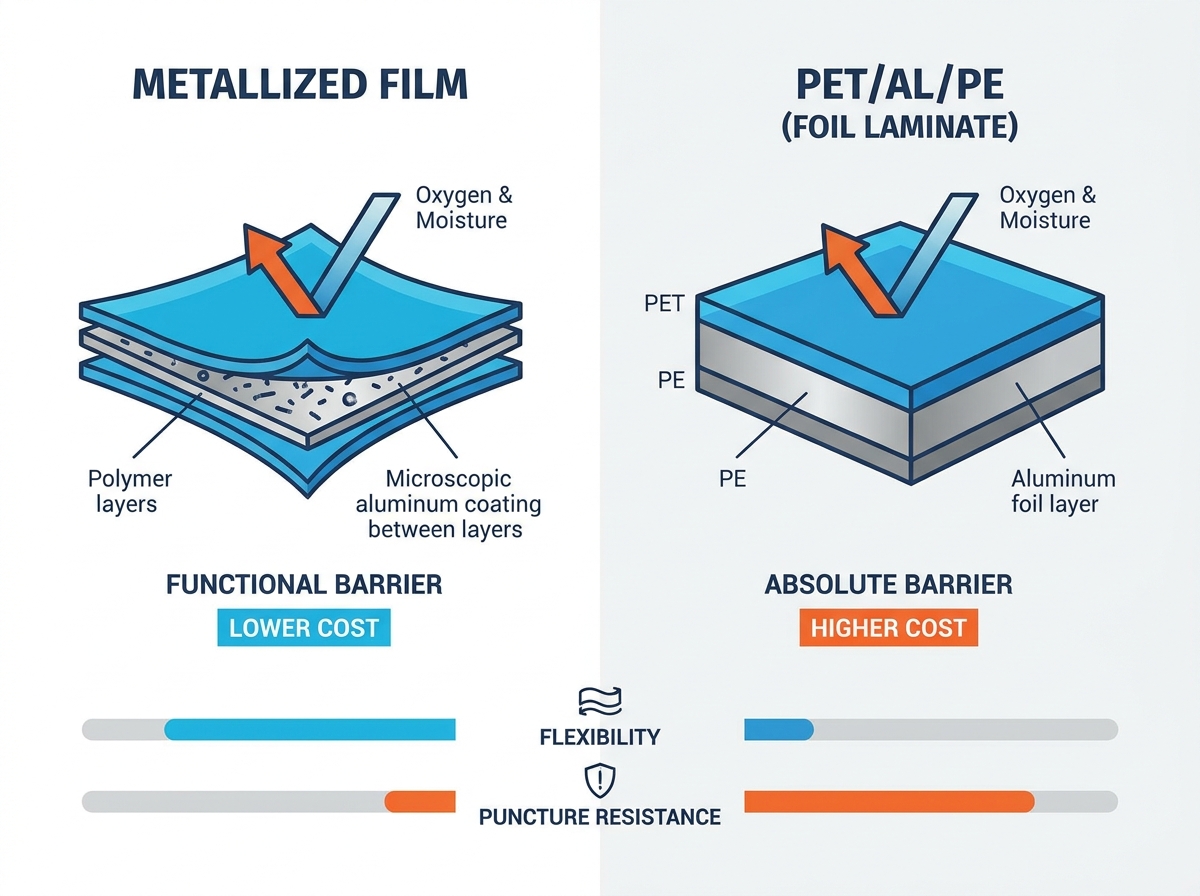 Metallized film vs aluminum foil laminate performance comparison