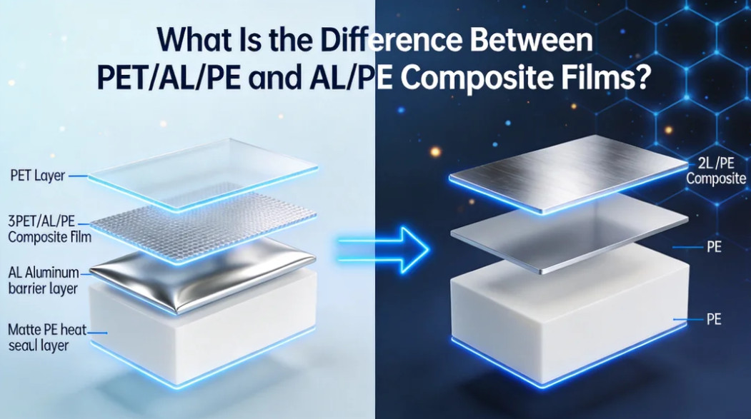 Diagram comparing PET/AL/PE and AL/PE composite film structure, aluminum plastic film layer display