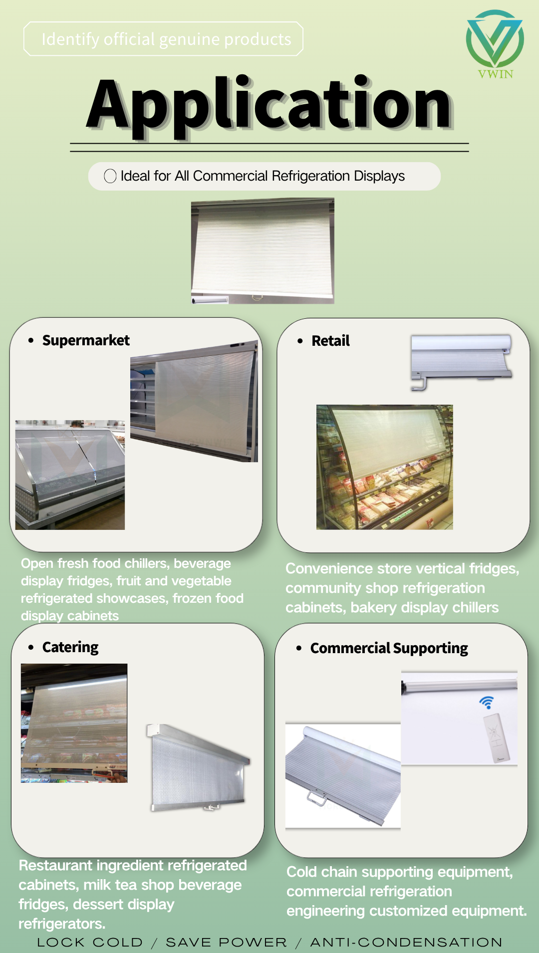 VWIN aluminum‑plastic composite night blind application infographic, for supermarket, retail, catering and commercial refrigeration equipment