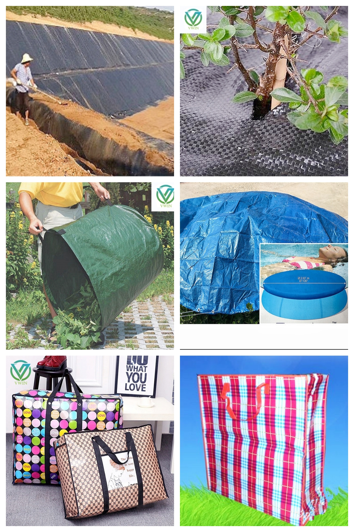 Application scenes of PP PE woven composite fabric, orchard weed mat, plant storage tube, pool cover, printed waterproof storage bags