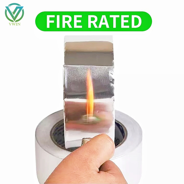 Main shot of fire resistant aluminum foil tape, open flame fire test, fireproof sealing tape for insulation material joints