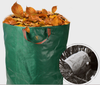 Green PE coated woven sack full of fallen leaves, waterproof lining prevents leakage when storing yard debris