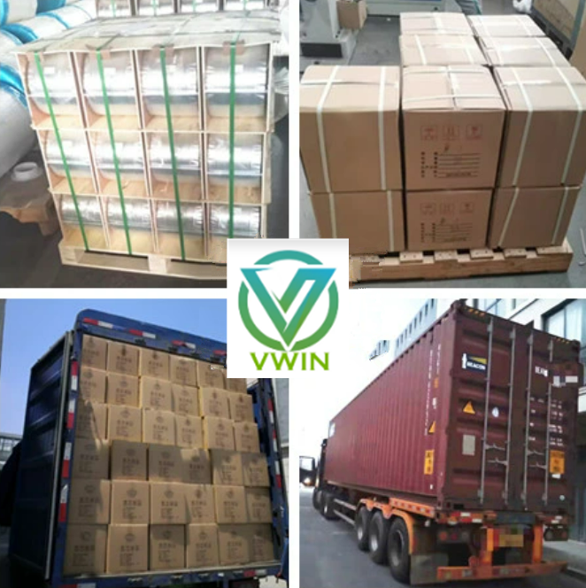 Comprehensive aluminum foil logistics showcase: from neatly stacked cartons on pallets, container loading to global shipping. VWIN ensures efficient worldwide delivery.