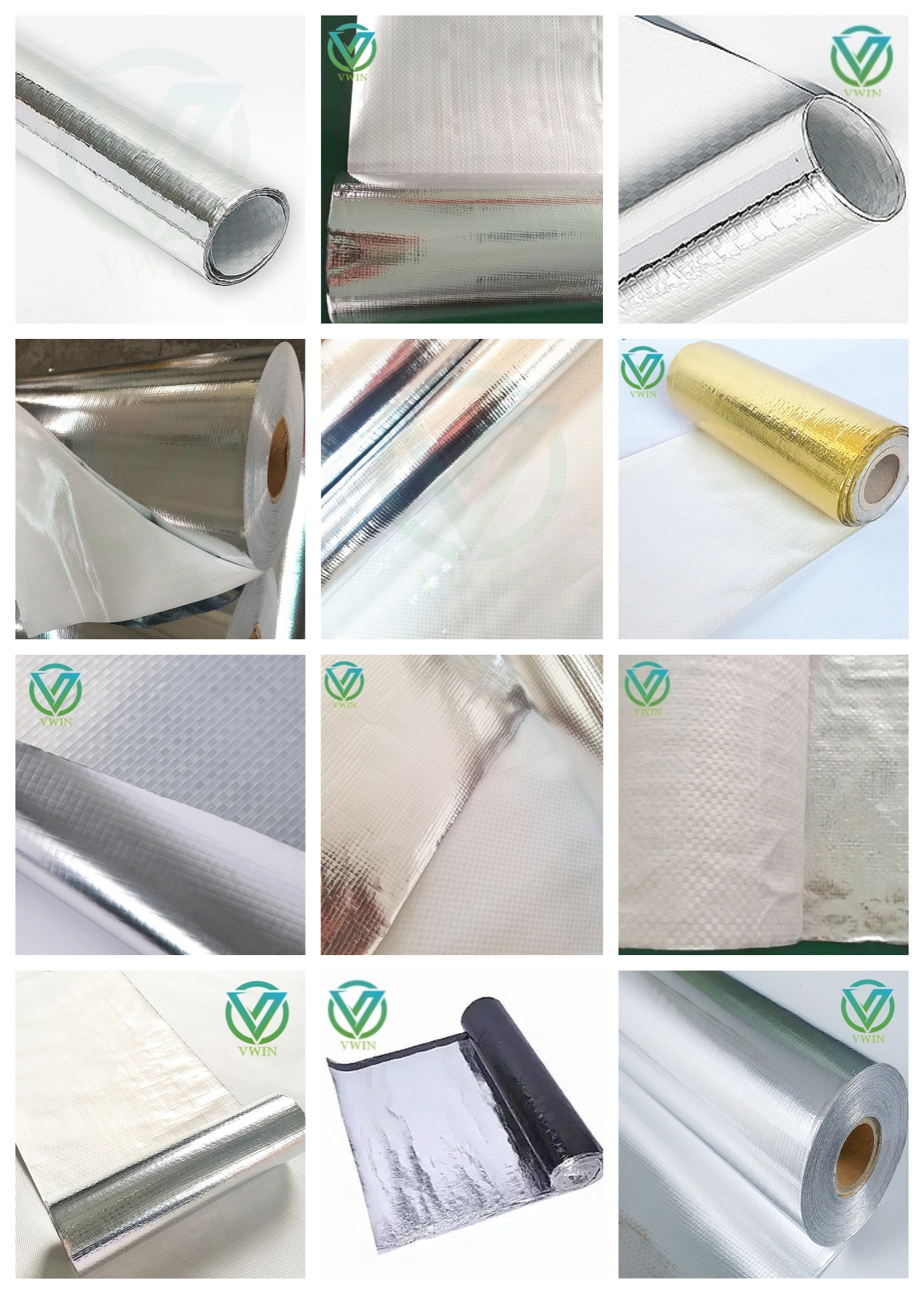 Full range aluminum foil woven roll raw materials, silver & gold foil grid laminated vapour barrier substrate with various thickness styles