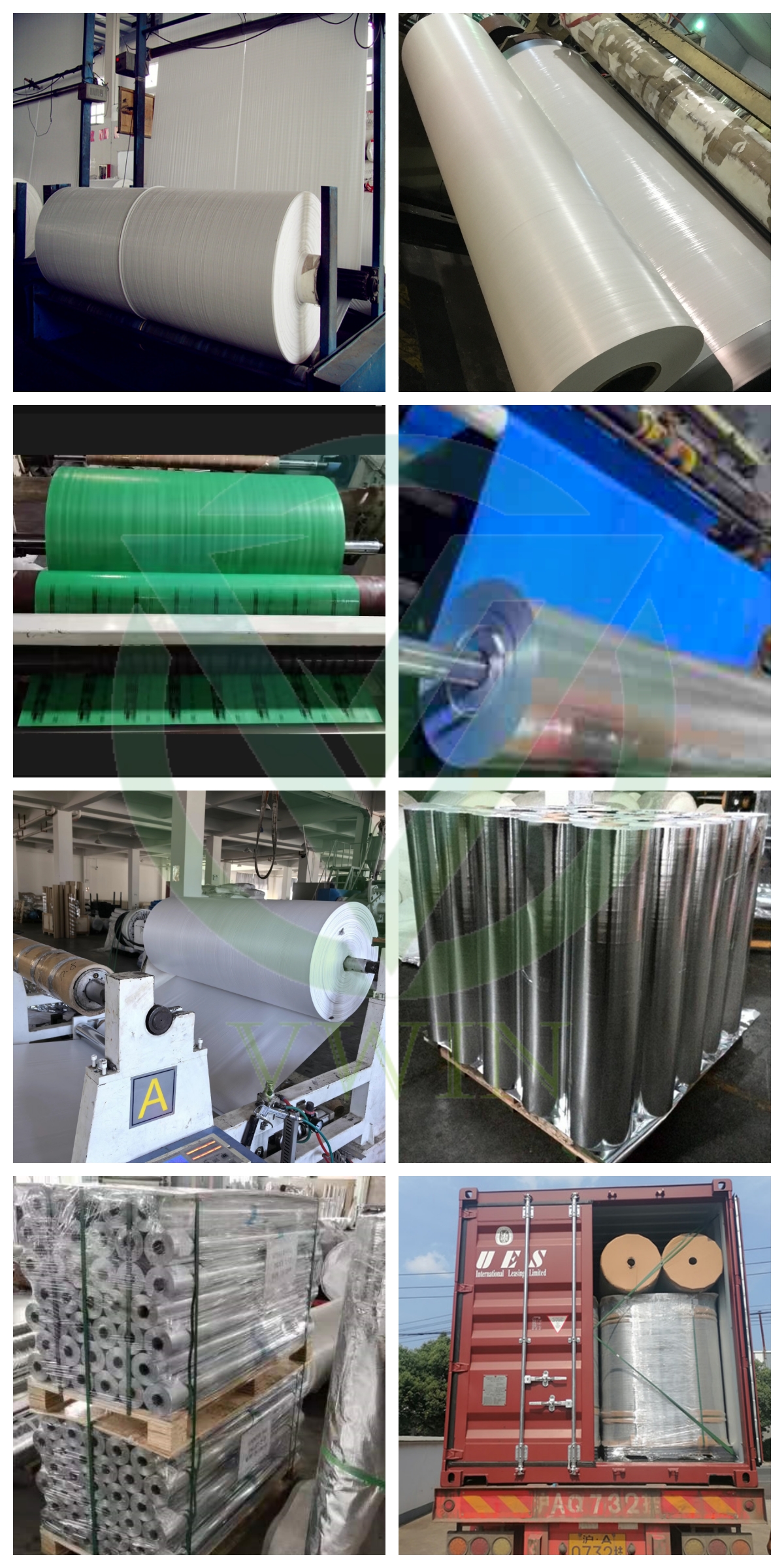 Factory real shots of aluminum foil woven cloth: production lamination machine, finished rolls, warehouse stock and container loading delivery
