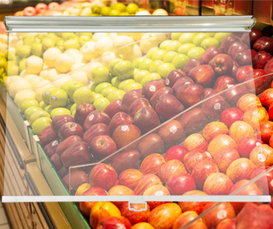Durable transparent solid plastic night curtain installed on commercial display cabinet for supermarket fruits