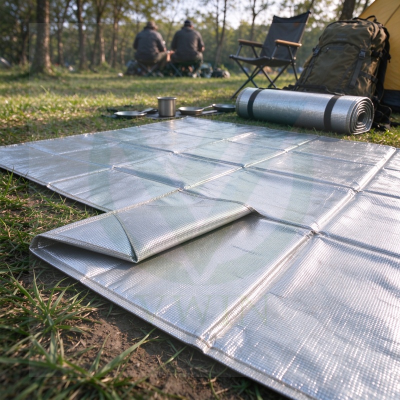 MPET laminated woven fabric mat laid outdoors, reflective moisture-proof tear resistant camping insulation mat