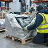 Worker covers pallet cargo with puncture resistant aluminum foil PE laminated bag material