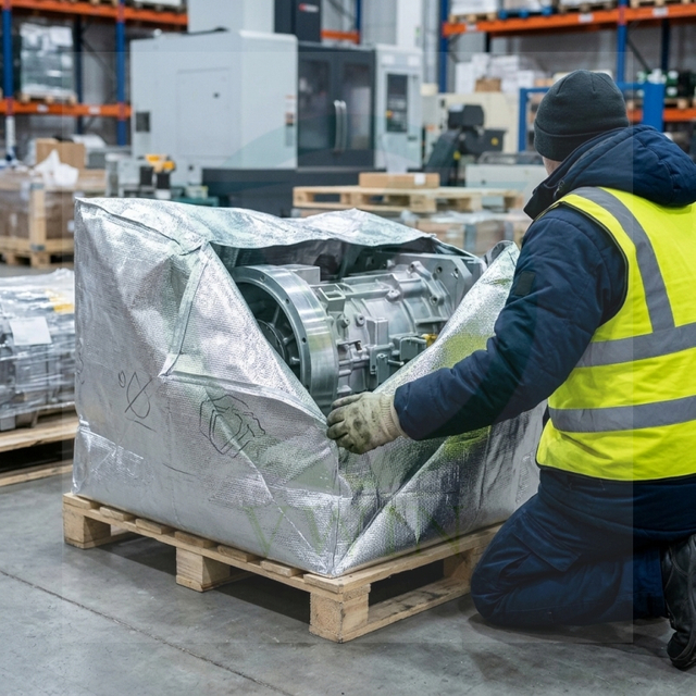 Worker covers pallet cargo with puncture resistant aluminum foil PE laminated bag material