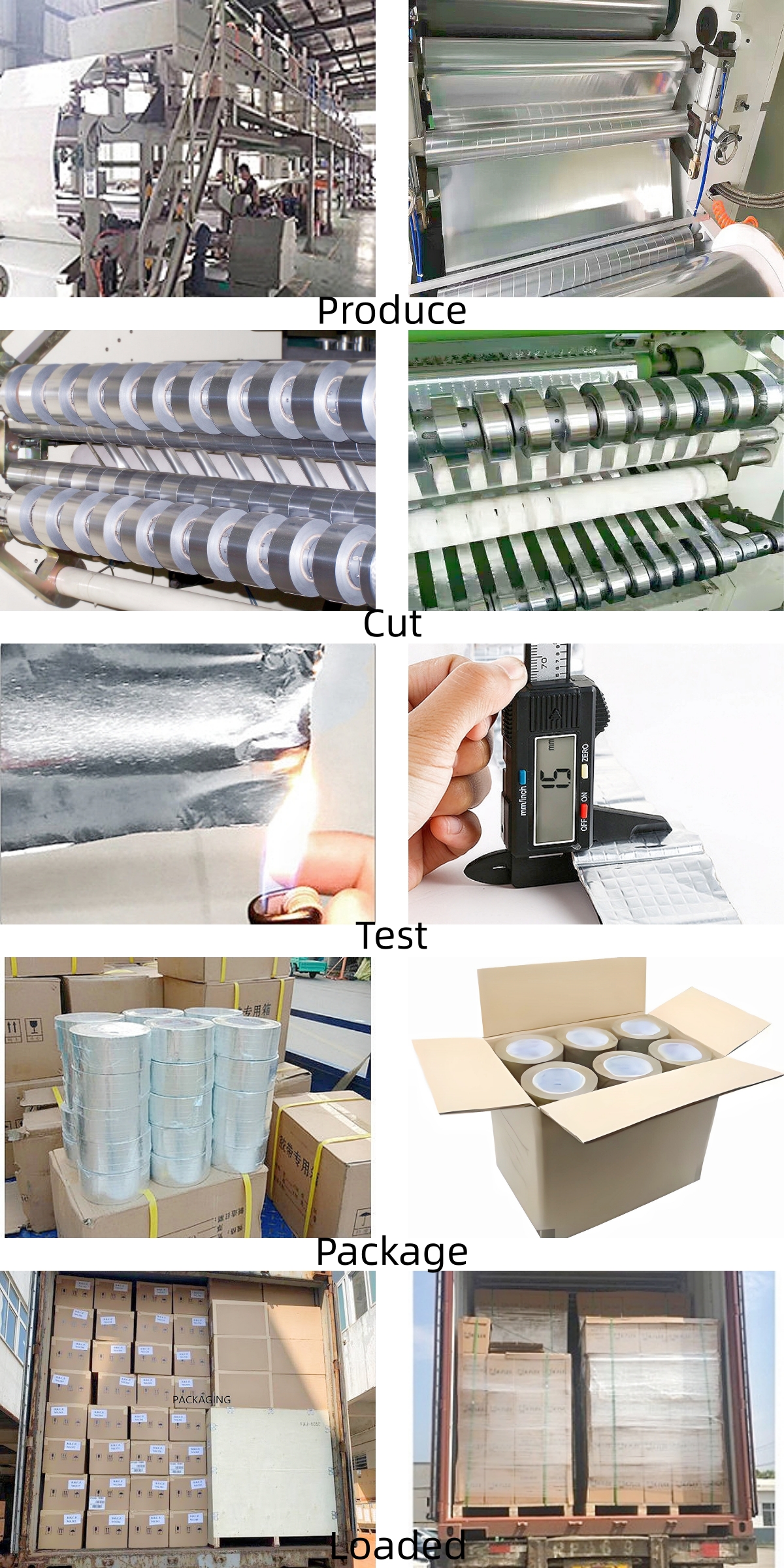 Whole production flow of aluminum foil tape: lamination, slitting, fire & thickness test, packaging, warehouse and container loading workshop shots