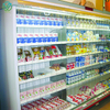 Daily business photo of multi-layer horizontal beverage fridge with retracted blind, tidy stored hard plastic blind without blocking goods view, cut store electricity cost by separating cold & hot air overnight