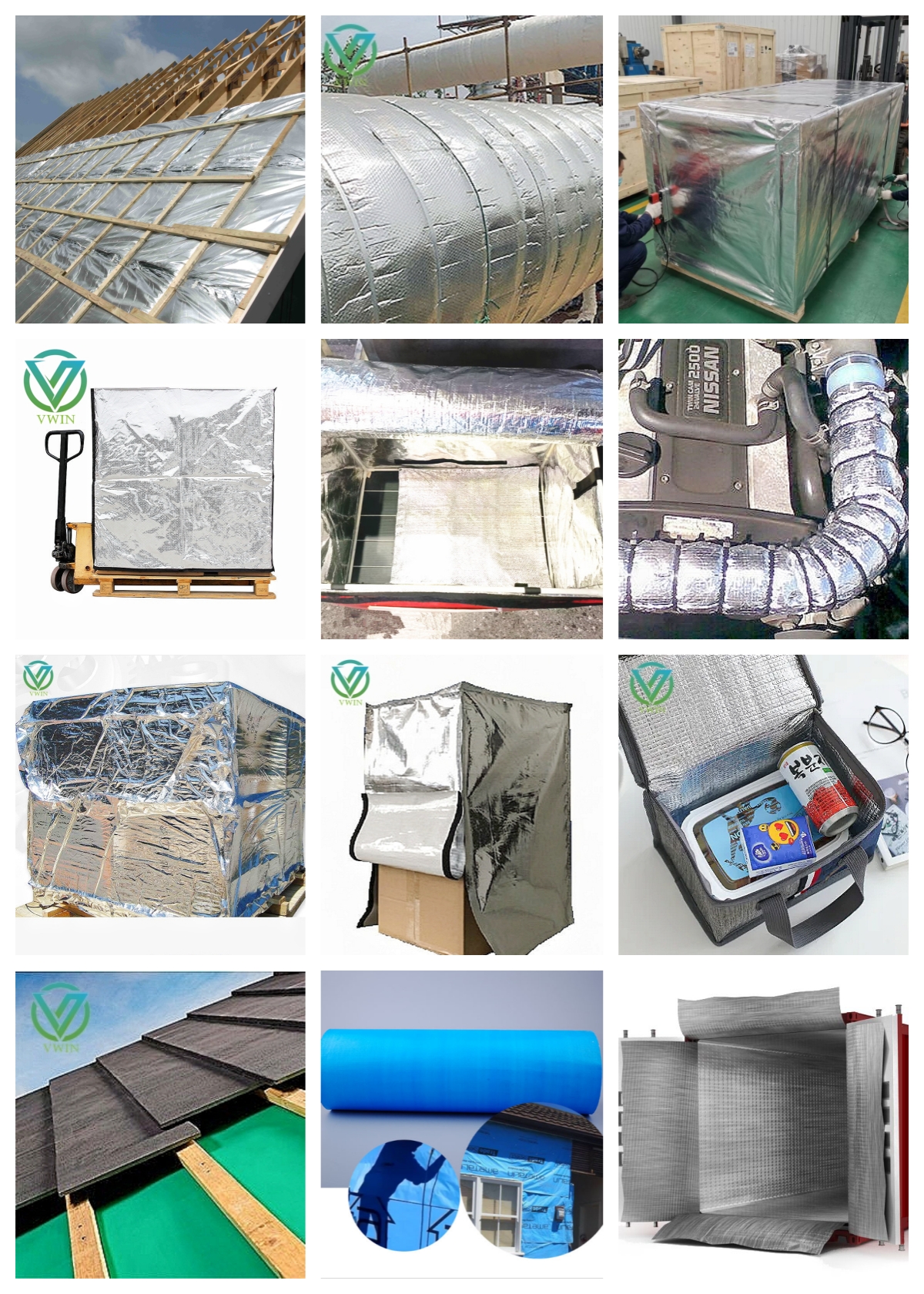 Application scenes of aluminum foil woven thermal fabric: light steel roof, pipe insulation, container shielding, auto duct, cooler bag & construction waterproof projects