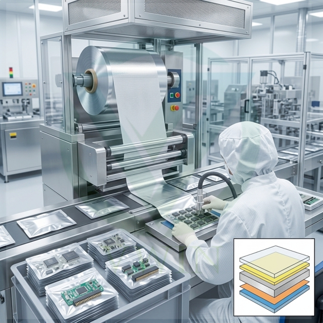 Clean workshop production of anti‑static PET composite aluminum foil PE film for electronic component vacuum packaging