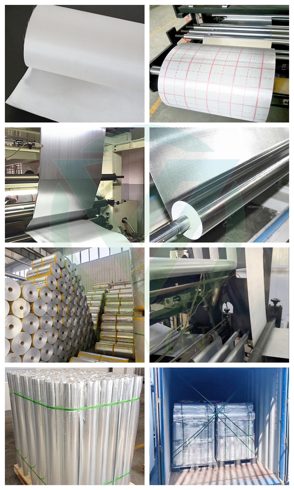 Full production workflow of aluminum foil fiberglass cloth, including raw material QC, printing, lamination, slitting, quality inspection, bag making, packing, and delivery.