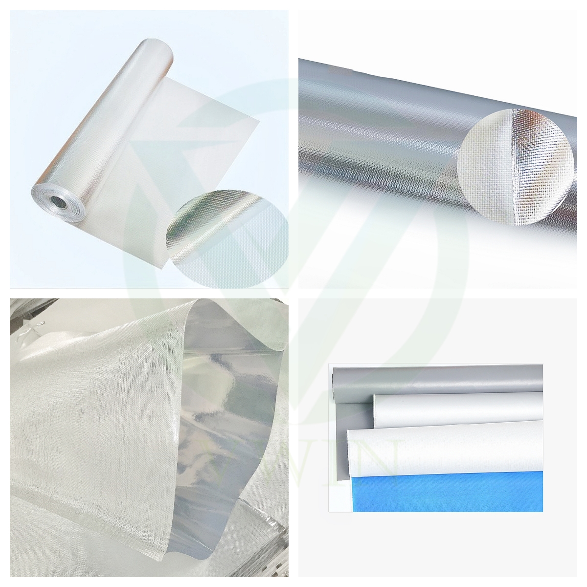 Product display of aluminum foil fiberglass cloth, showing rolled form, composite structure, grid texture, and color options including silver, white, and blue.