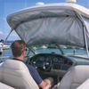 Yacht cockpit installed with sun shield made of UV blocking reflective metallized woven laminate