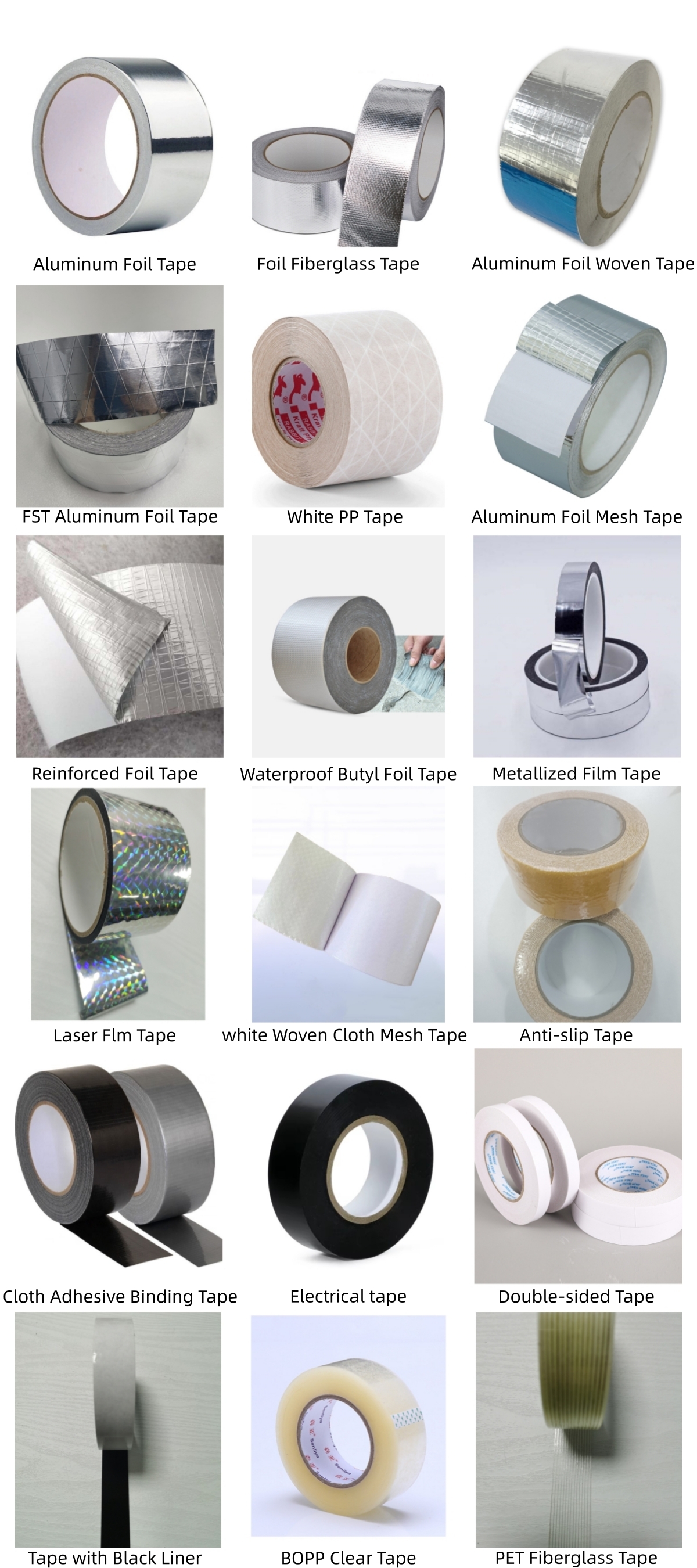 Full series industrial tapes collection, aluminum foil, fiberglass, butyl waterproof, mesh, double-sided, electrical, anti-slip, PET fiber, clear packing tape