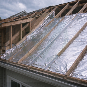 AL/PET/PE laminated aluminum foil radiant barrier installed on attic roof for heat insulation