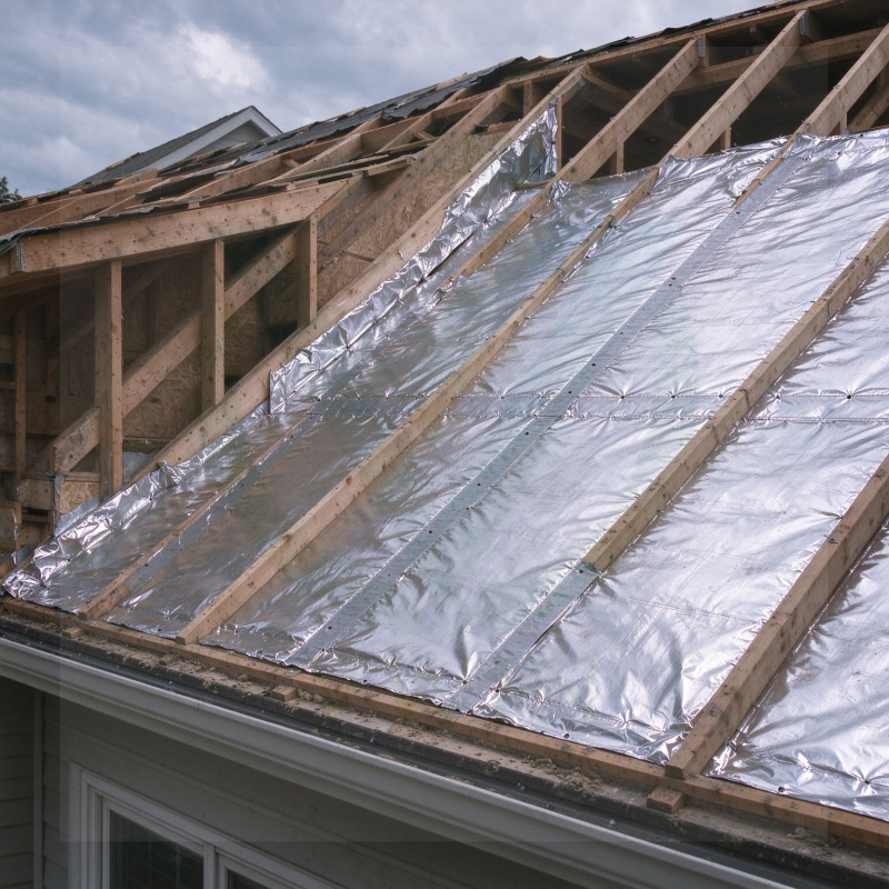 AL/PET/PE laminated aluminum foil radiant barrier installed on attic roof for heat insulation